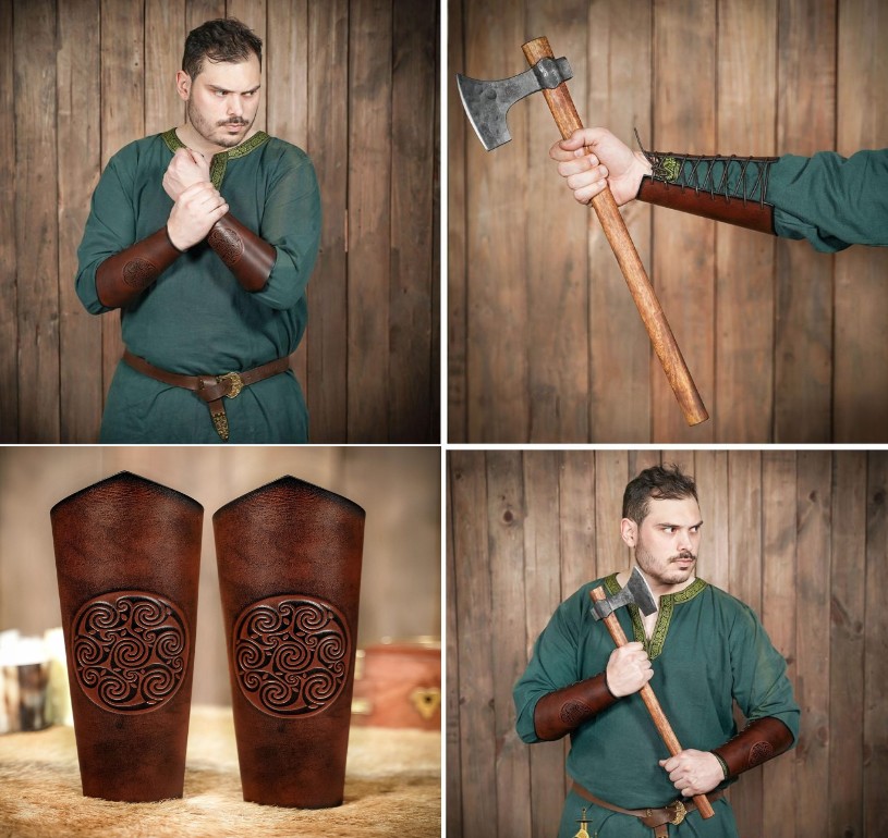 Brassards cuir motif celtique spirale relief avec lanières ajustables