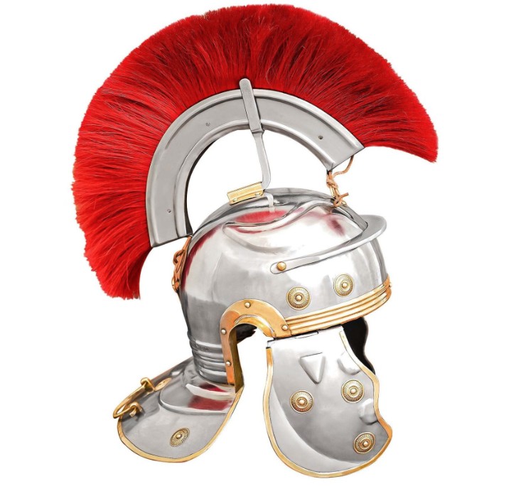 asque de centurion romain en acier de 1.2 mm d'épaisseur avec une crinière rouge. Livré avec un renfort réglable en cuir épais à l'intérieur et une jugulaire.