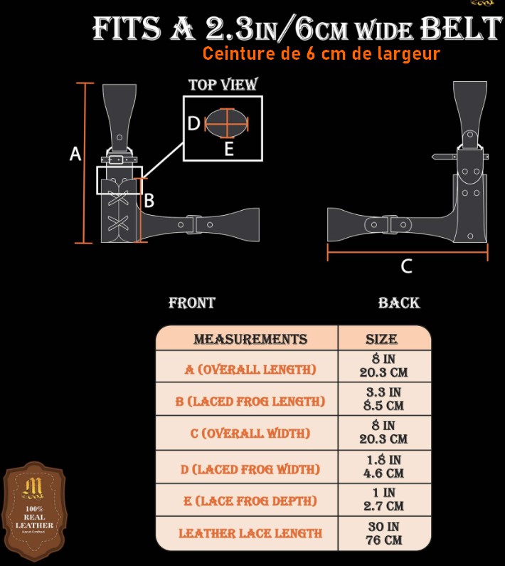 Détail du laçage ajustable du porte-épée en cuir véritable